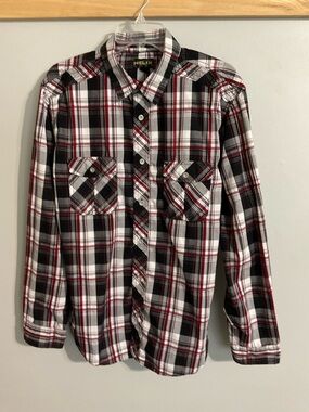 Helix Men's Red, Black & White Plaid Athletic Fit Button-Down Shirt Large